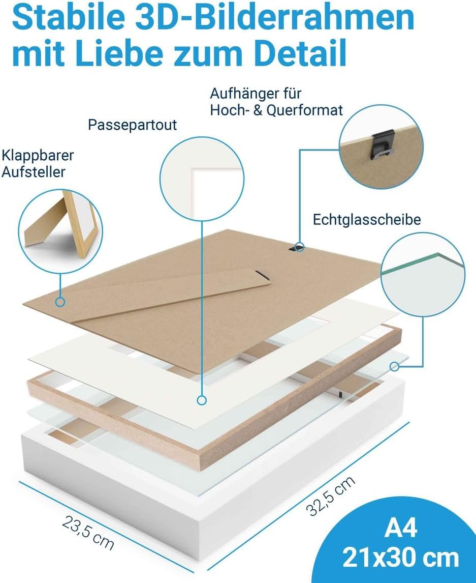 3D-Bilderrahmen zum Befüllen A4 21x30 cm, Weiss, Bilderrahmen tief mit Passepartout, 2er Set Objektr