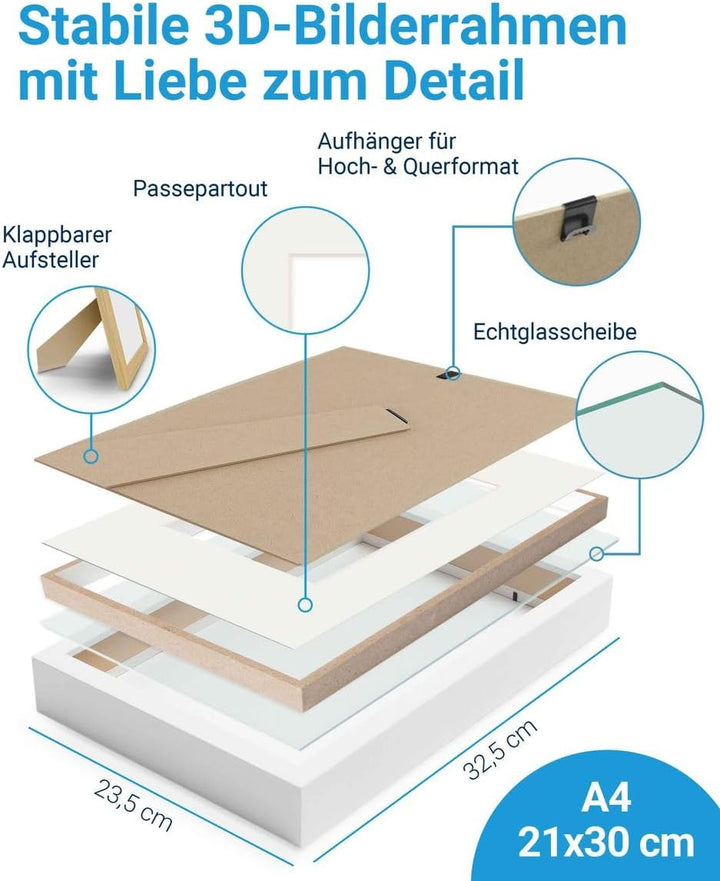 3D-Bilderrahmen zum Befüllen A4 21x30 cm, Weiss, Bilderrahmen tief mit Passepartout, 2er Set Objektr