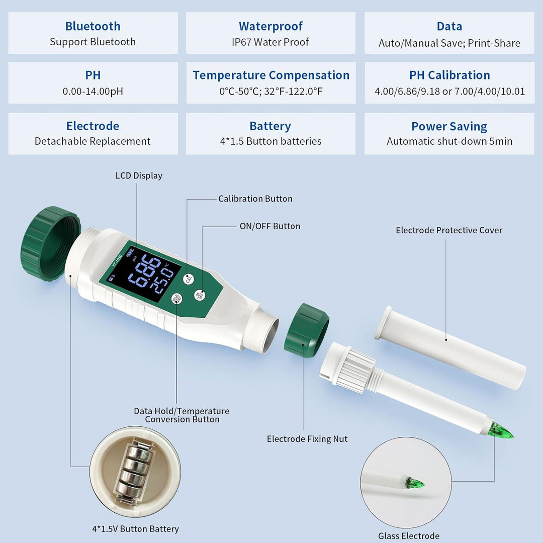 pH Messgerät mit Bluetooth, pH Wert Messgerät für Lebensmittel, Hochpräzises pH Meter mit 0,01 Auflö