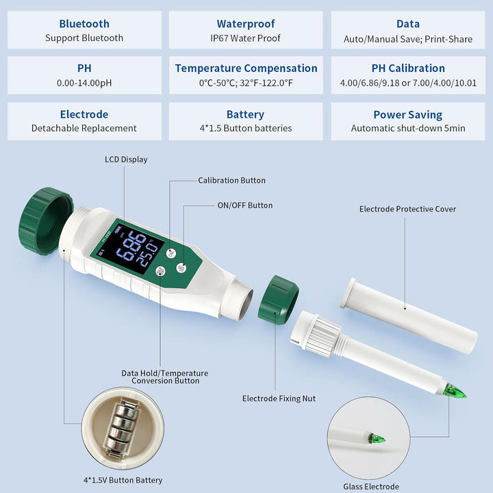 pH Messgerät mit Bluetooth, pH Wert Messgerät für Lebensmittel, Hochpräzises pH Meter mit 0,01 Auflö