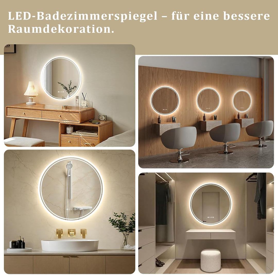 Spiegel Rund mit Beleuchtung 50cm: Badezimmerspiegel Badspiegel mit Uhr, Beschlagfrei, Touch Schalte