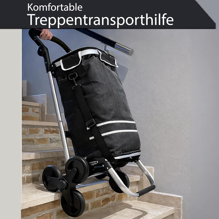Faltbarer Aluminium Einkaufstrolley 57L (48L + 9L Kühlfach) Schwarz, 50kg Traglast, 35x45x98cm, Eva