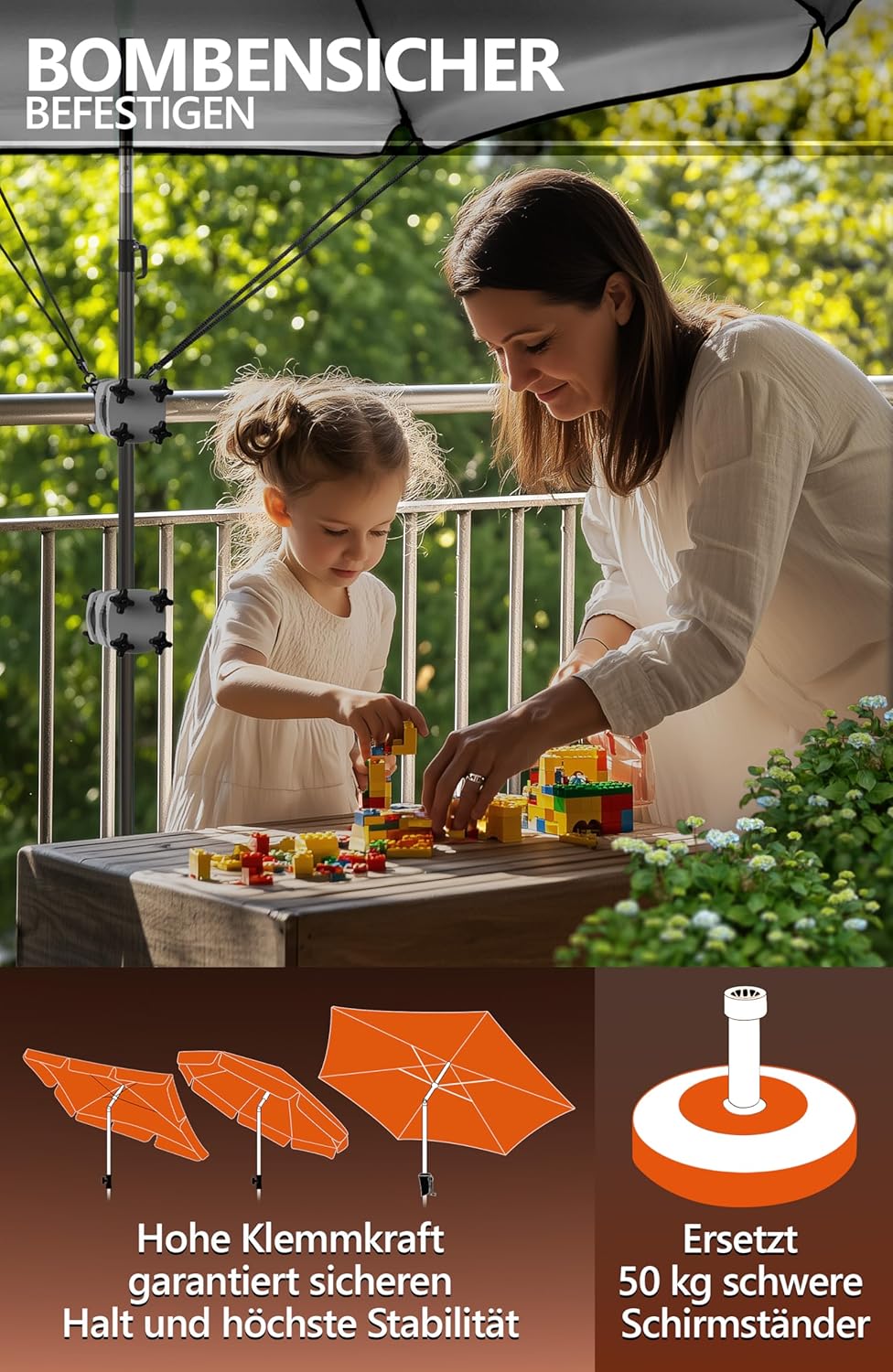 4smile 2 x Sonnenschirmhalter Balkongeländer SunnyGuy, Anthrazit + Windsicherung für Sonnenschirme -