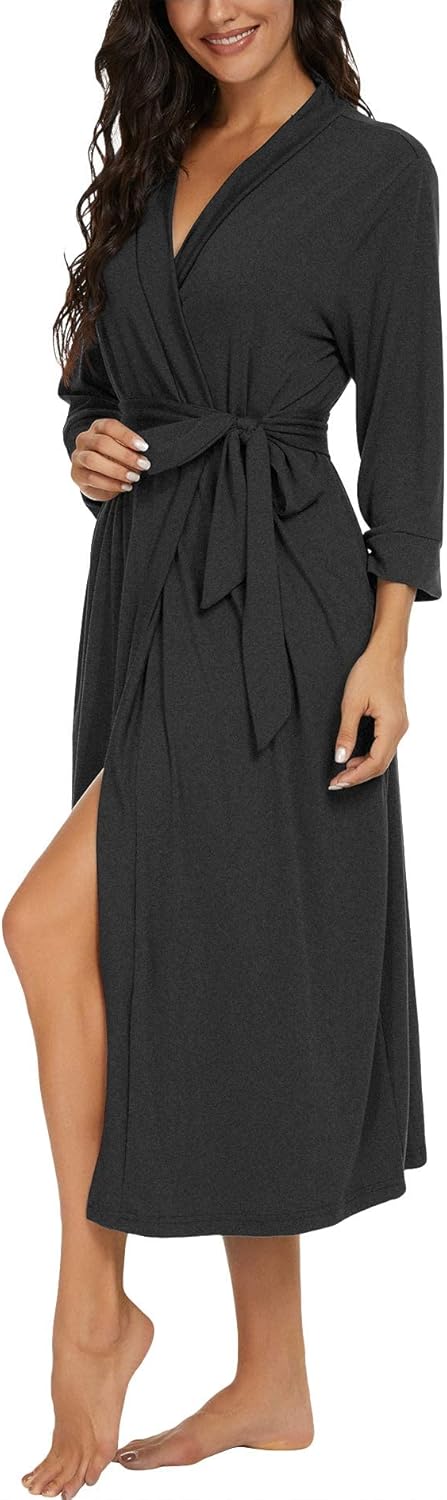 PrinStory Damen Bademantel Leichter 3/4 Ärmeln Morgenmantel V-Ausschnitt Kimono Roben Langes Nachtwä