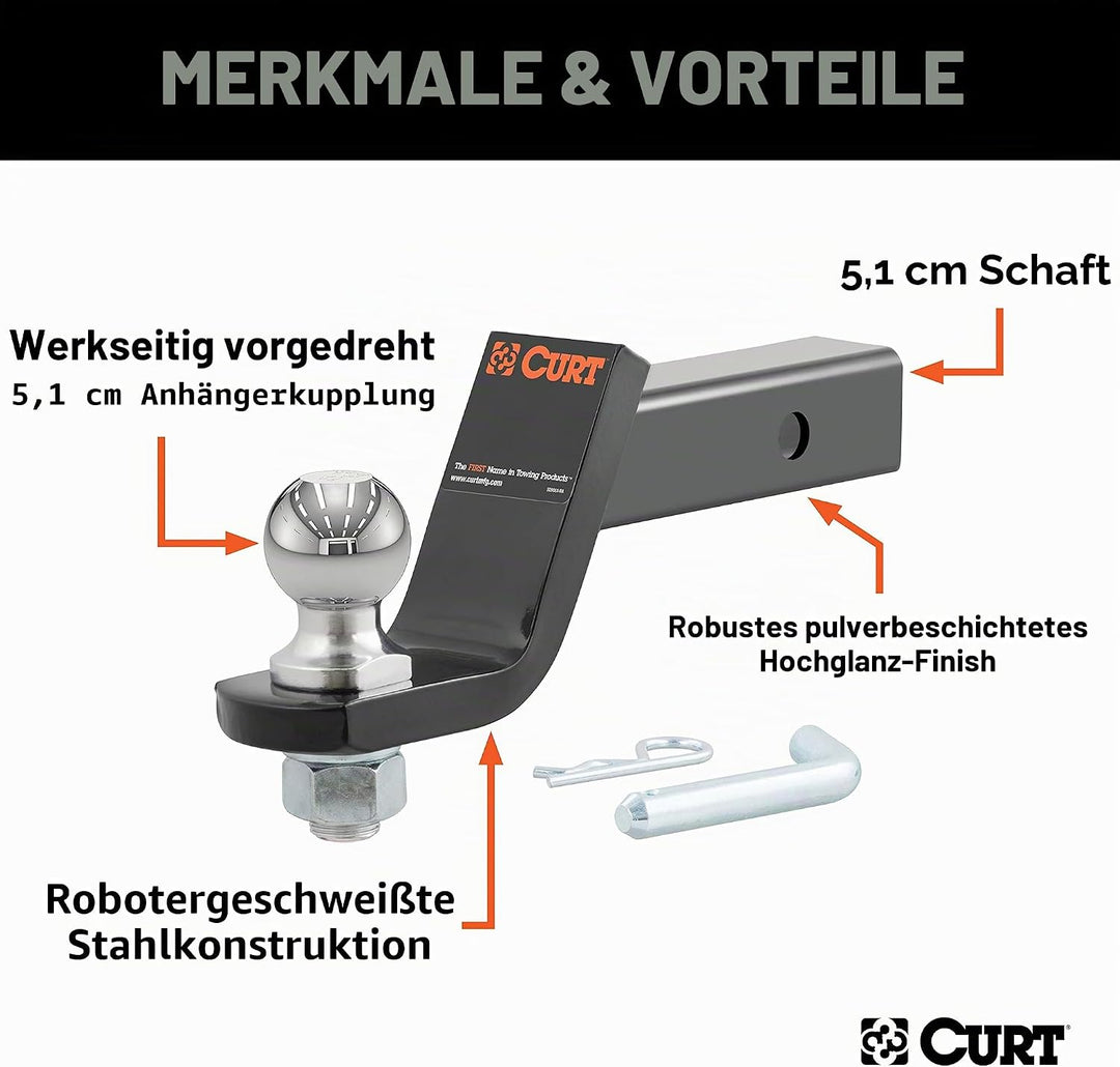 CURT 45056 Anhängerkupplungshalterung mit 5,1 cm Kugel und Stift, passend für 2-Zoll-Empfänger, 3,4