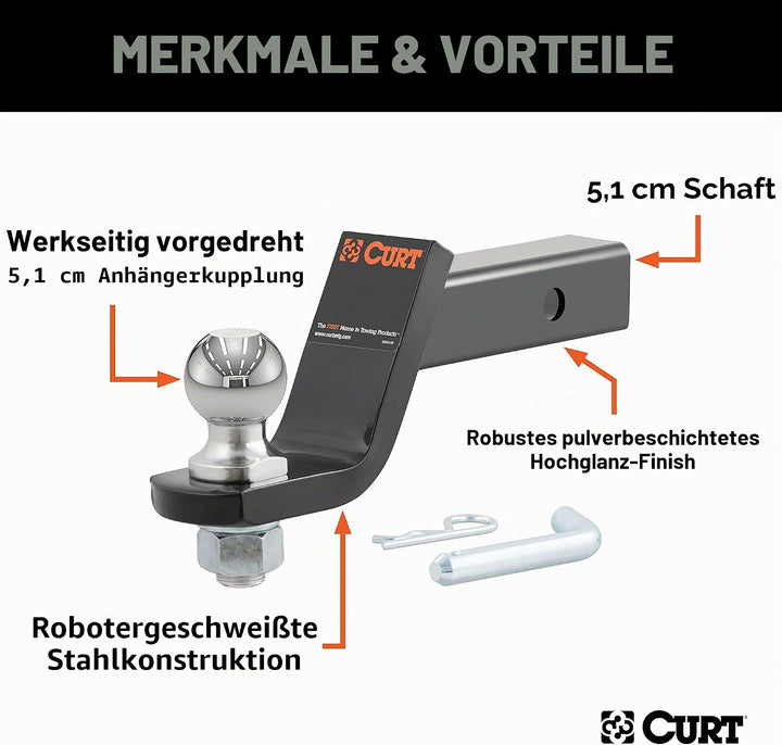 CURT 45056 Anhängerkupplungshalterung mit 5,1 cm Kugel und Stift, passend für 2-Zoll-Empfänger, 3,4