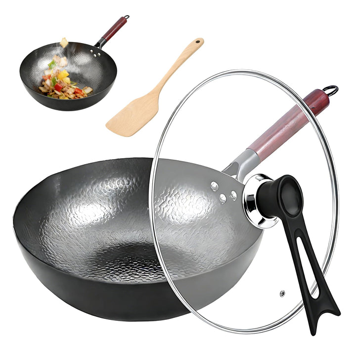 Wok mit Deckel 32 cm, Natürliche Gehämmerten Antihaft Wok aus Kohlenstoffstahl mit Akazienholz Griff