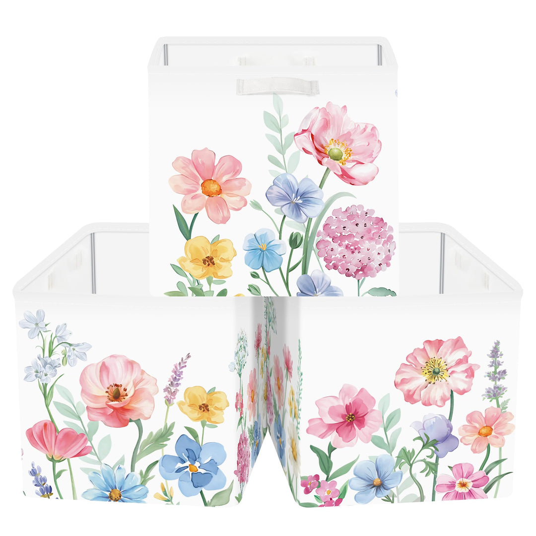 Clastyle 3 Stück Wildblumen Frauen Aufbewahrungsbox Stoff für Kallax Faltbar Aufbewahrungskorb Klein