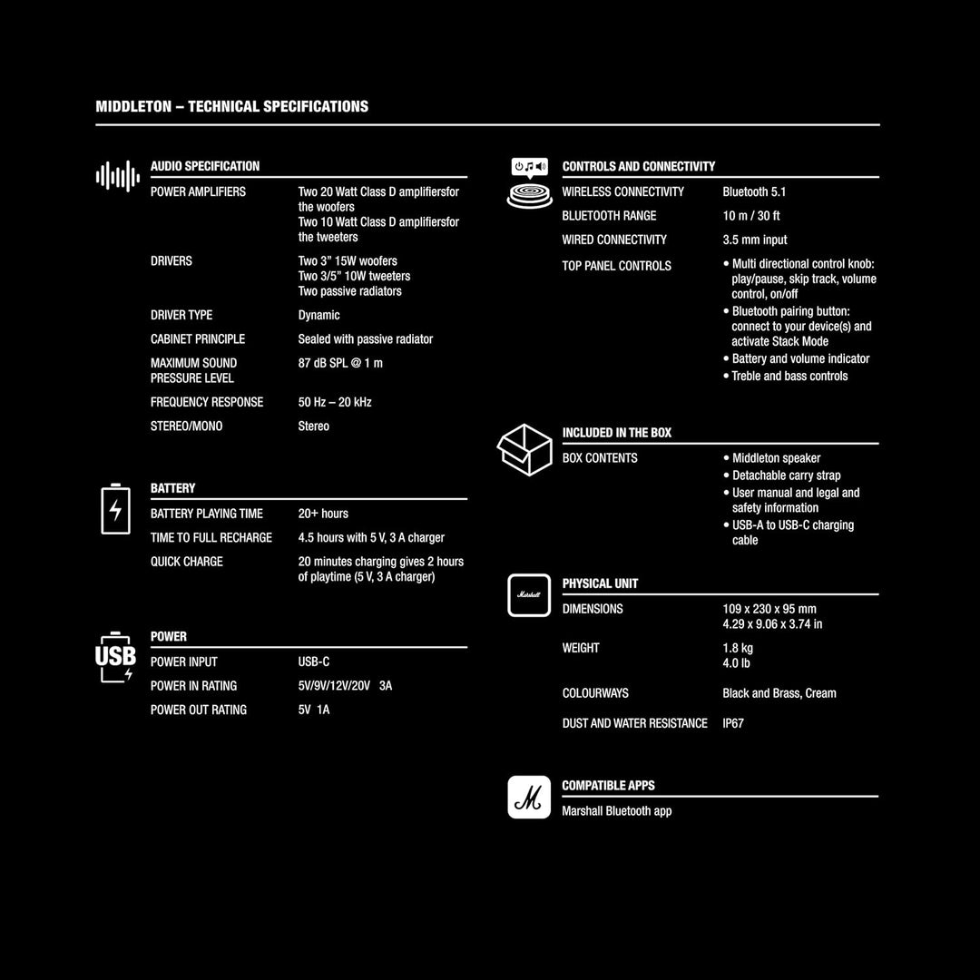 Marshall Middleton kabelloser tragbarer Bluetooth-Lautsprecher, über 20 Stunden tragbare Spielzeit,