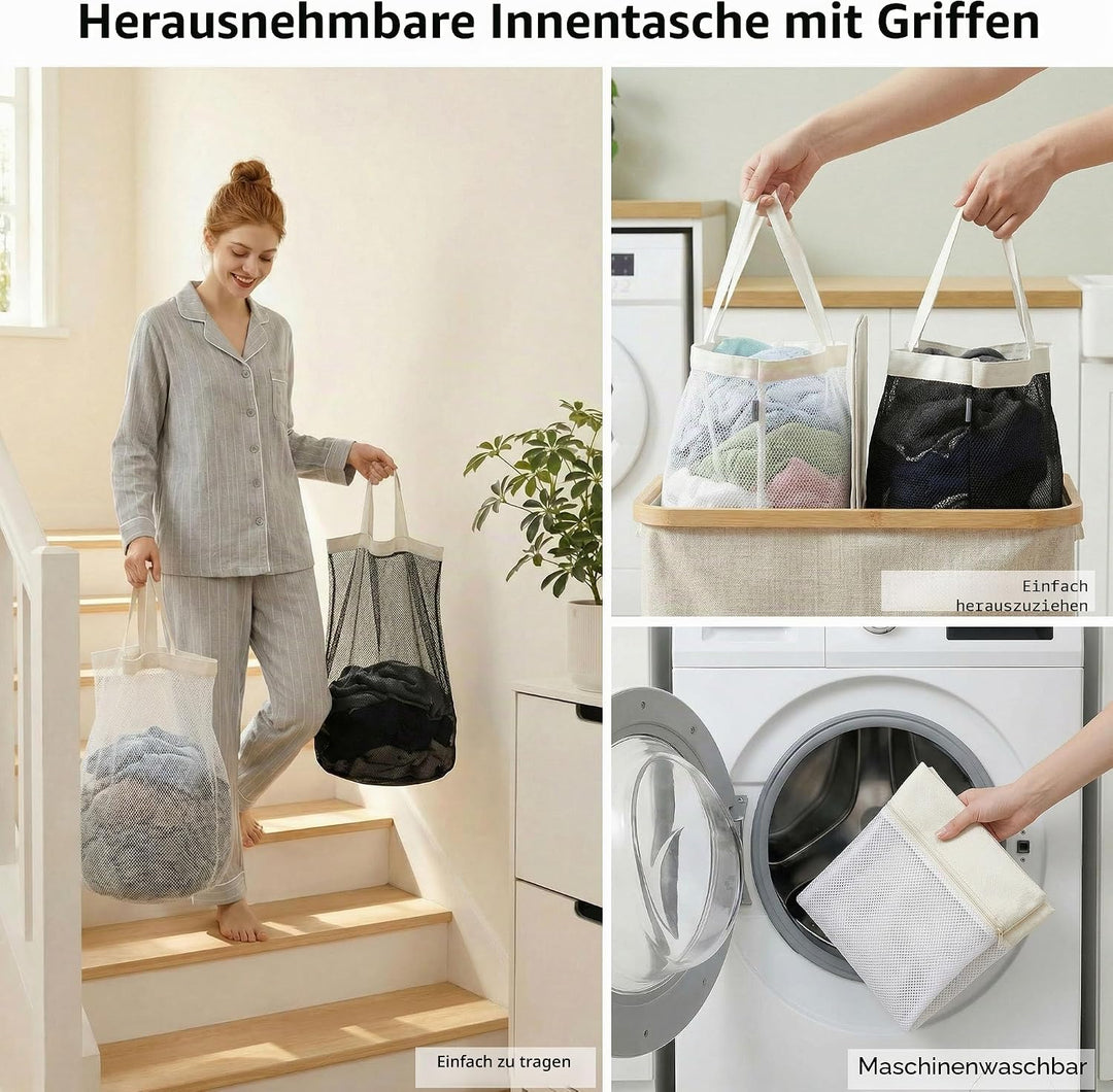 efluky Wäschekörbe mit Deckel und 2 Fächern, Schmutzwäschebehälter, Doppel-Korb, Aufbewahrung von Wä