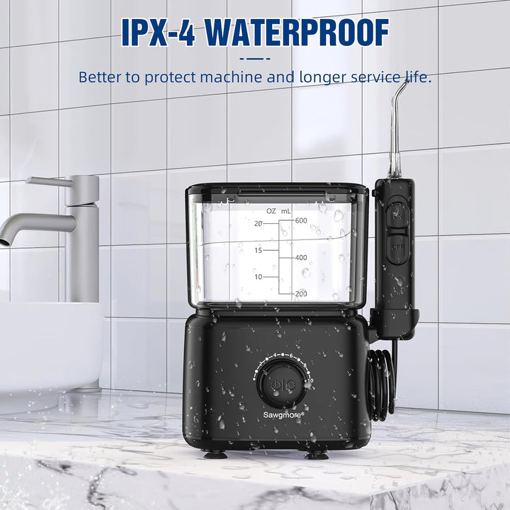 Sawgmore Munddusche, Elektrische Zahnzwischenraumreiniger mit 10 Einstellbaren Druckstufen, 600ml Fa