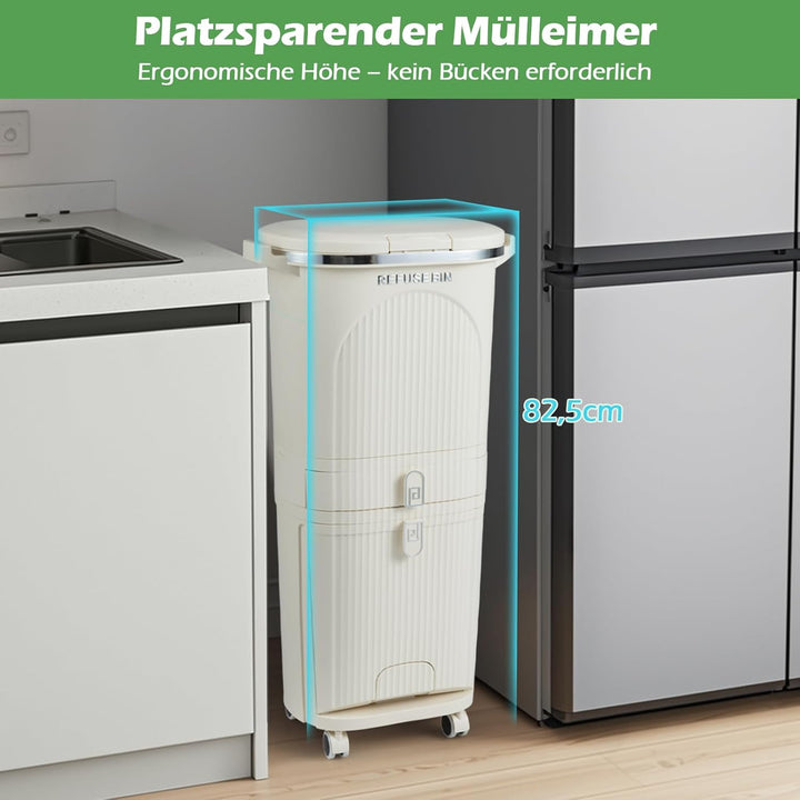 COSTWAY Mülleimer Küche, Mülltrennsystem 3 Fächer, 2 x 12L Inneneimer & 14L Treteimer, Abfalleimer m
