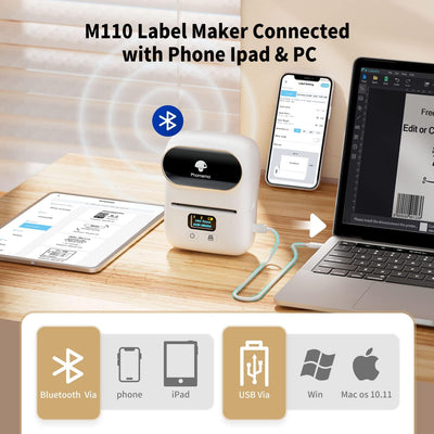 Phomemo M110 Etikettendrucker, Mini-Thermo-Aufkleber-Maschine,Handy Bluetooth Drucker für Barcode, K