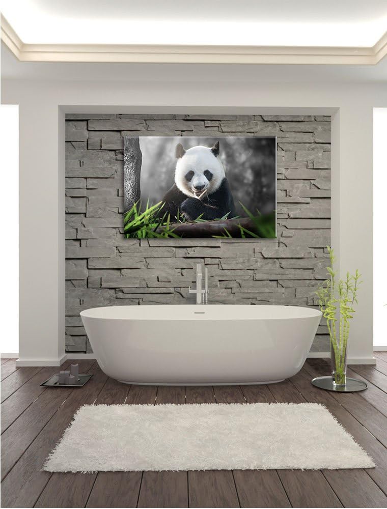 Pixxprint Niedlicher Panda isst Bambus / 100x70cm Leinwandbild bespannt auf Holzrahmen/Wandbild Kuns