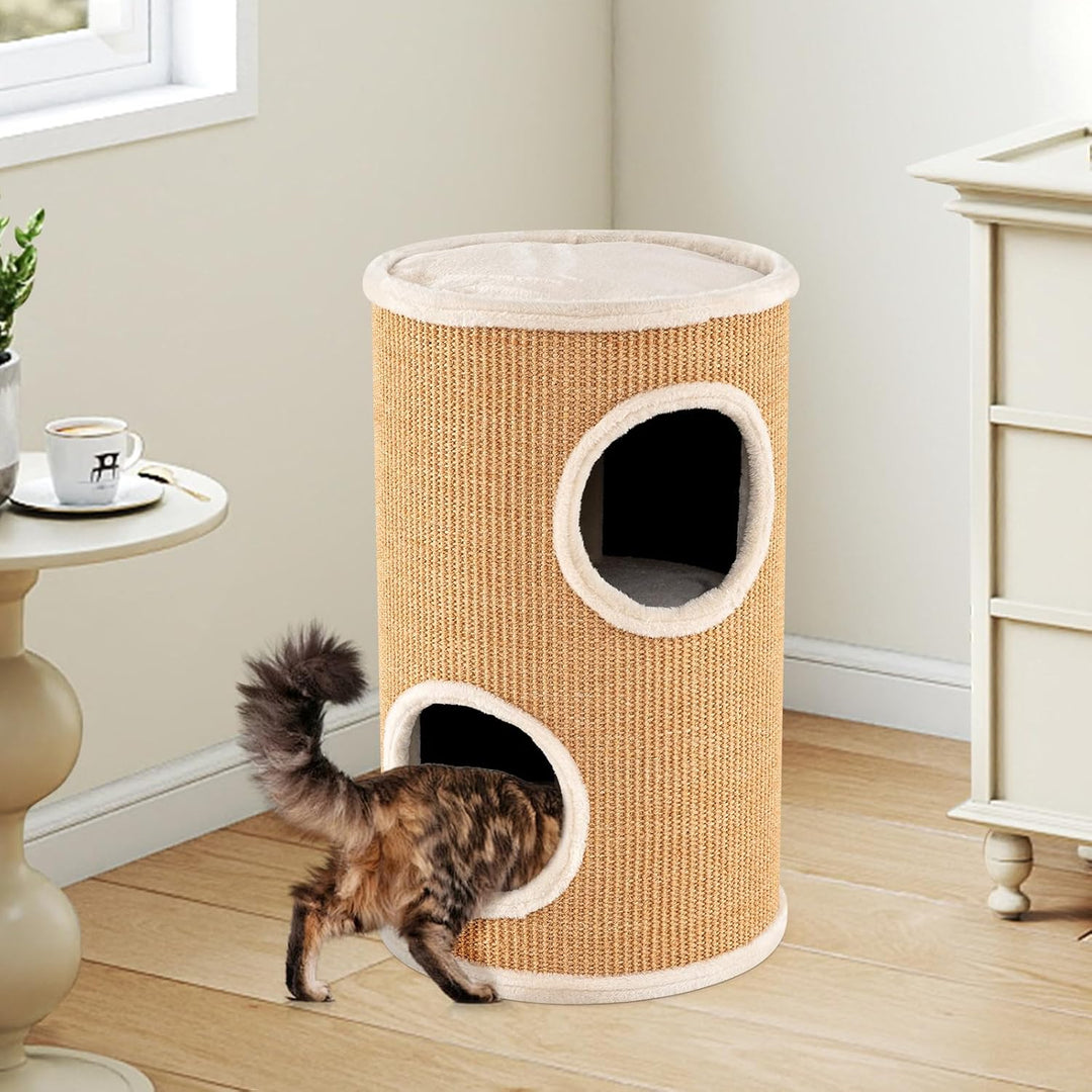 GOPLUS Kratztonne 3 Ebenen, 70 cm Katzentonne mit 3 Höhlen, Plüschbett, Liegefläche & Sisal-Kratzbre