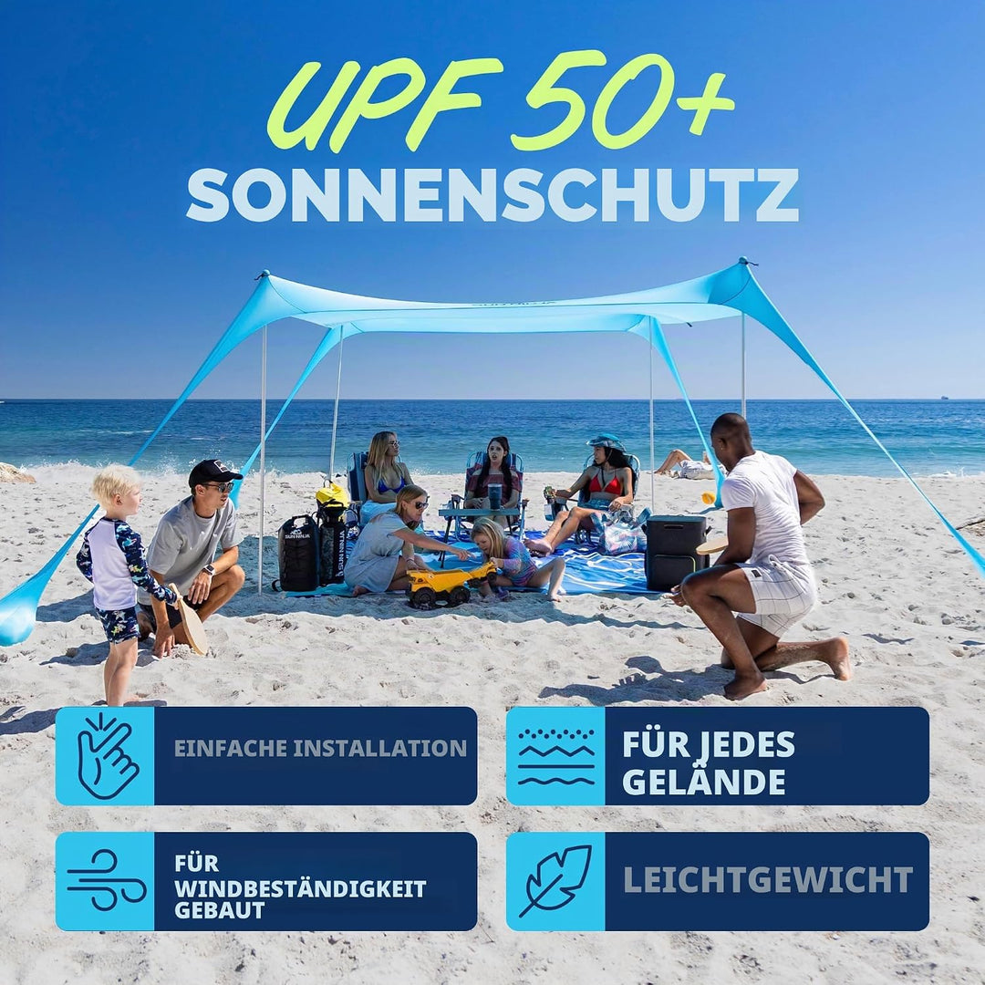 SUN NINJA Strandzelt, Sonnensegel LSF 50+, mit Sandschaufel, Heringen und Stabilitätsstangen, Schatt