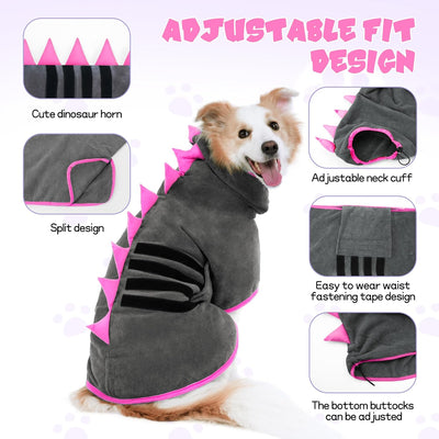 HezzLuv Hundebademantel mit Dinosaurierhorn, Schnelltrocknend Bademantel Hund aus Mikrofaser, Einste