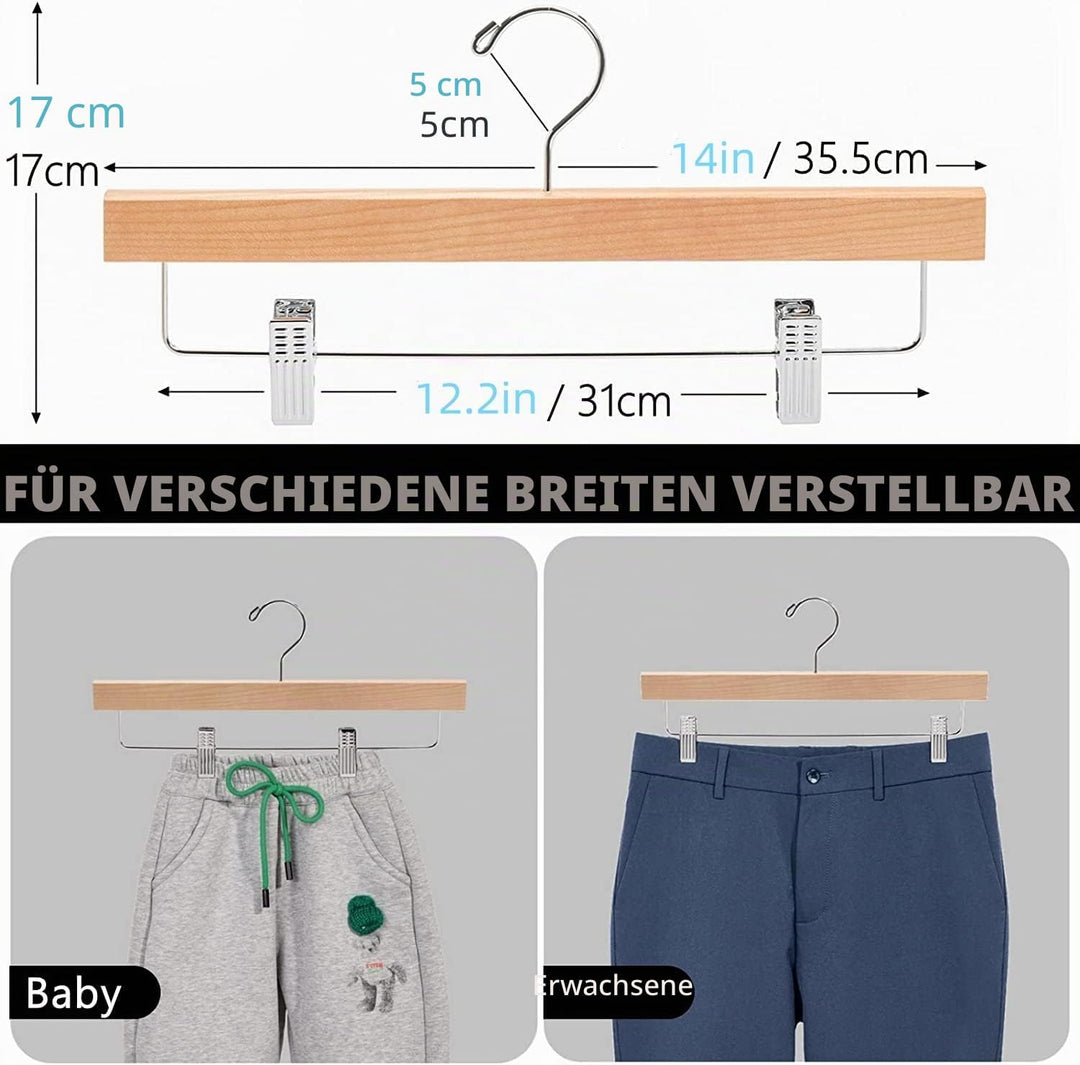 Amber Home 10 Stück 35,5cm Kleiderbügel aus Holz für Hose, Natürliche | Verstellbare Rutschfest Clip