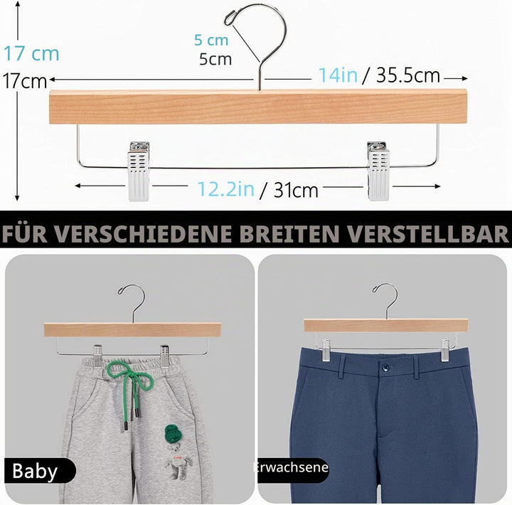Amber Home 10 Stück 35,5cm Kleiderbügel aus Holz für Hose, Natürliche | Verstellbare Rutschfest Clip