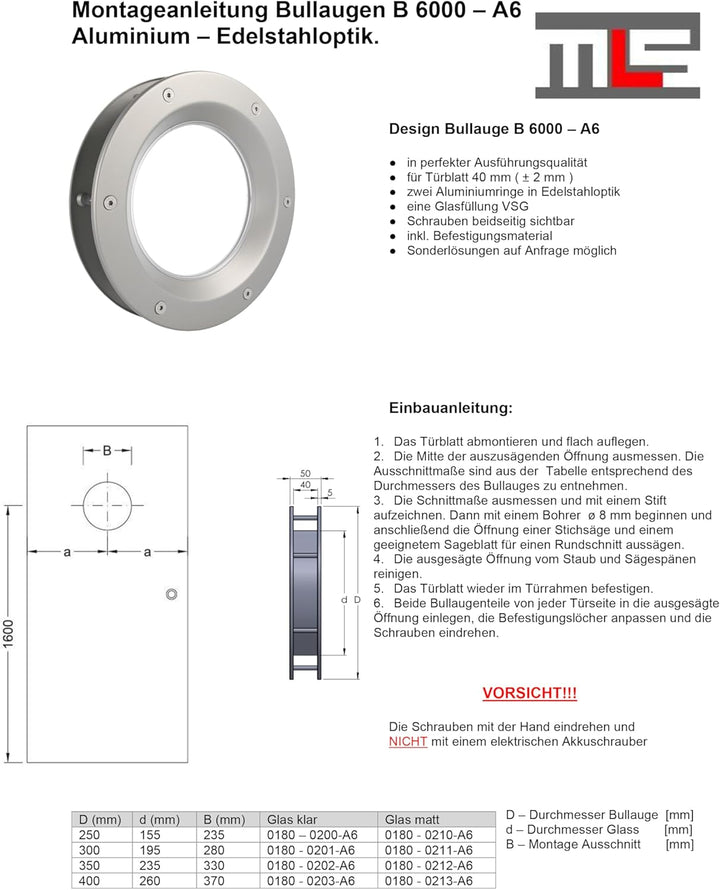 MLS Bullauge B6000, Bullauge für Türen, aus Robustem Aluminium, VSG-Sicherheitsglas, Passend für 40