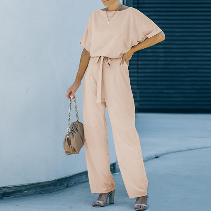 Coloody Damen Lang Jumpsuit Overall Hosenanzug Elegant Romper Kurzarm Rundhals Playsuit mit Gürtel H