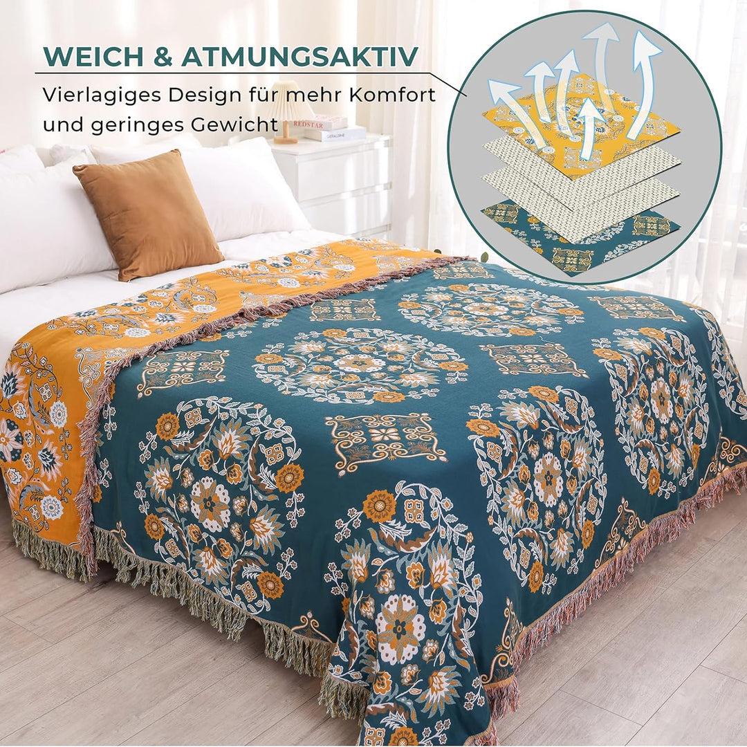 HOORDRY 100% Baumwolle Decke 230 x 250CM Boho Tagesdecke Doppelseitig Kuscheldecke Sofaüberwurf Wend