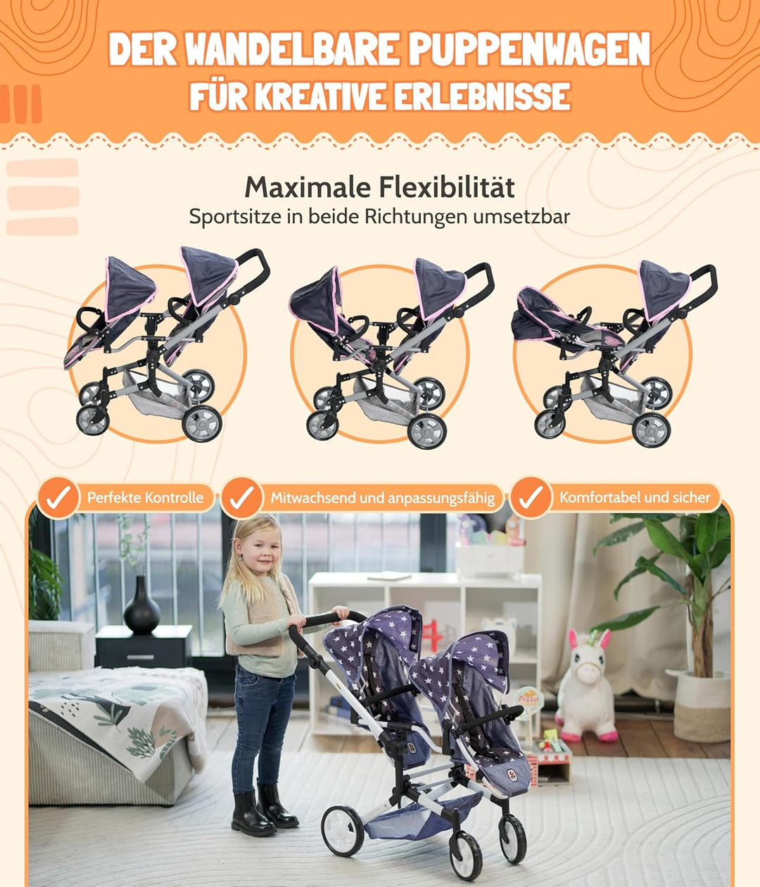 Bayer Chic 2000 - Puppenwagen Linus Duo, Zwillingspuppenwagen für Kinder von 4 bis 8 Jahren, Jeans p