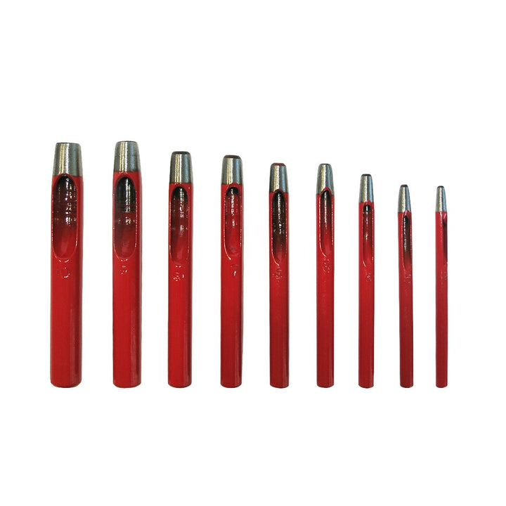 S&amp;R Rund-Locheisen-Set/MADE in GERMANY / 9-tlg. in Dose 2-3-4-5-6-7-8-9-10 mm, Stanzeisen Länge 105-