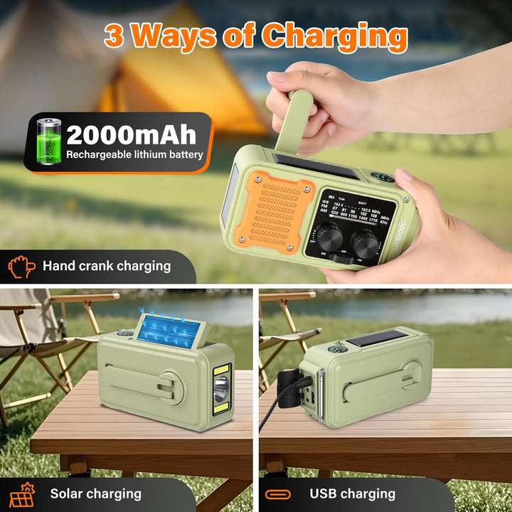 diymore Kurbelradio 2000mAh, Notfallradio mit Kurbel und Solar mit FM/AM/WB, Power Bank, LED Camping