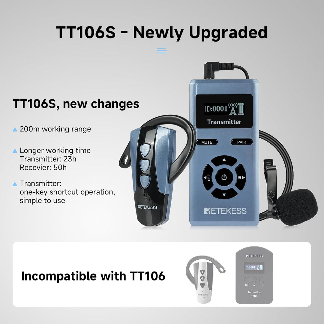 Retekess TT106S Tour Guide System, Tour Guide System Ohrbügel, Lange Lebensdauer, 2.4G, 200 m, One-T