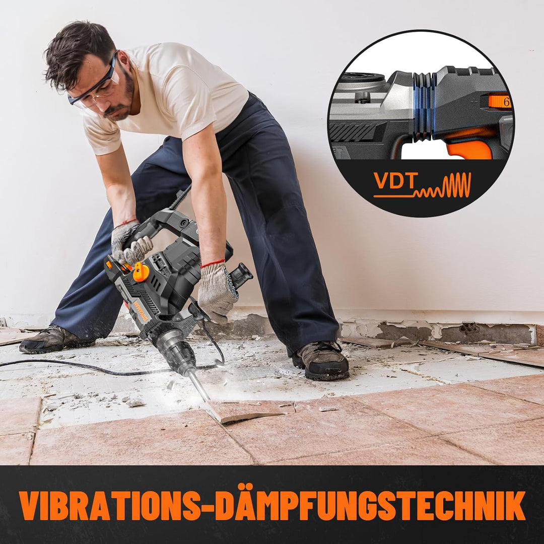DOVAMAN RH15A 40MM Bohrhammer SDS-Plus, 4 in 1 Funktionen, Mehrmaterialnutzung, 1500W/7J, Sicherheit