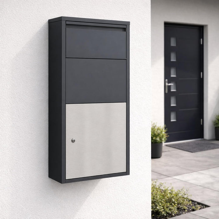 Zelsius Briefkasten mit Paketfach | Edelstahl, Anthrazit RAL 7016 | pulverbeschichteter Stahl | inte