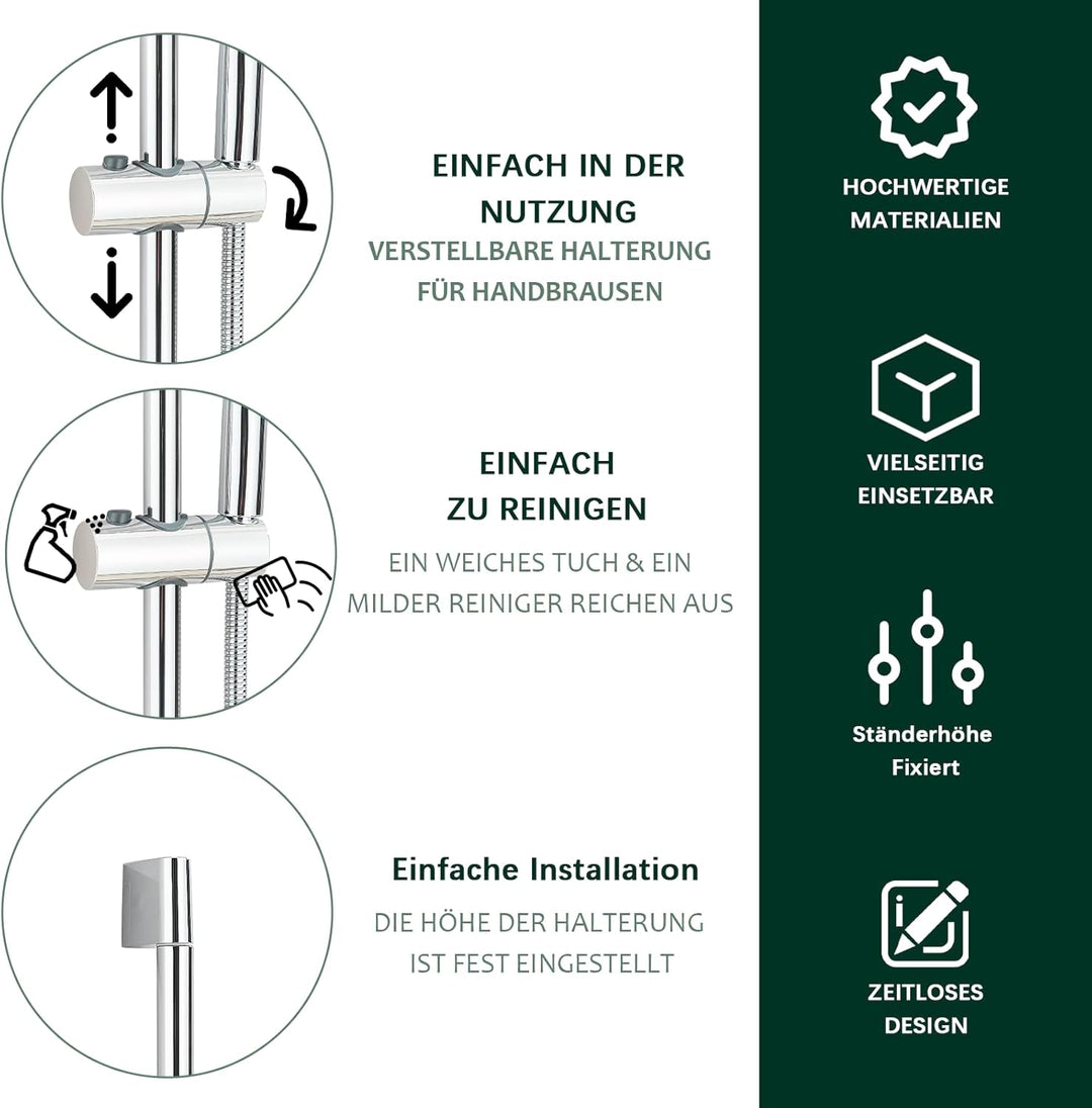 Duschset mit Handbrause Edelstahl Duschstange 62 cm mit Duschkopfhalter, Brausestangeset mit 1,5m Sc