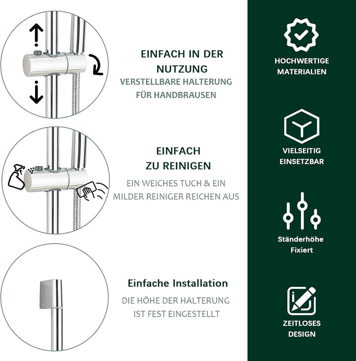 Duschset mit Handbrause Edelstahl Duschstange 62 cm mit Duschkopfhalter, Brausestangeset mit 1,5m Sc
