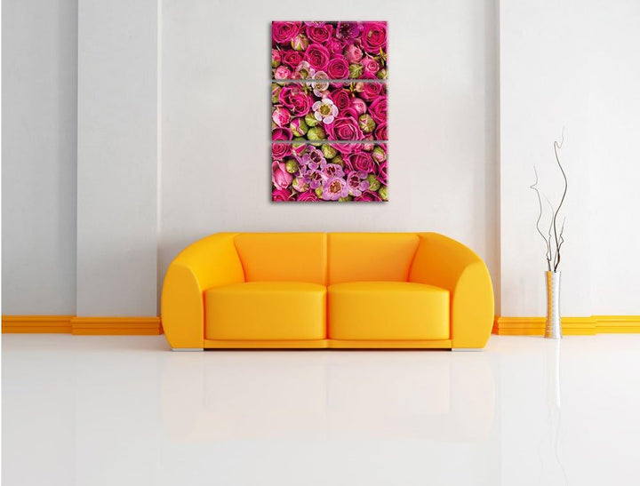 Pixxprint Rosa Rote Rosen als Leinwandbild - Grösse: 3-Teilig (120x80cm) - Wandbild - Kunstdruck - f