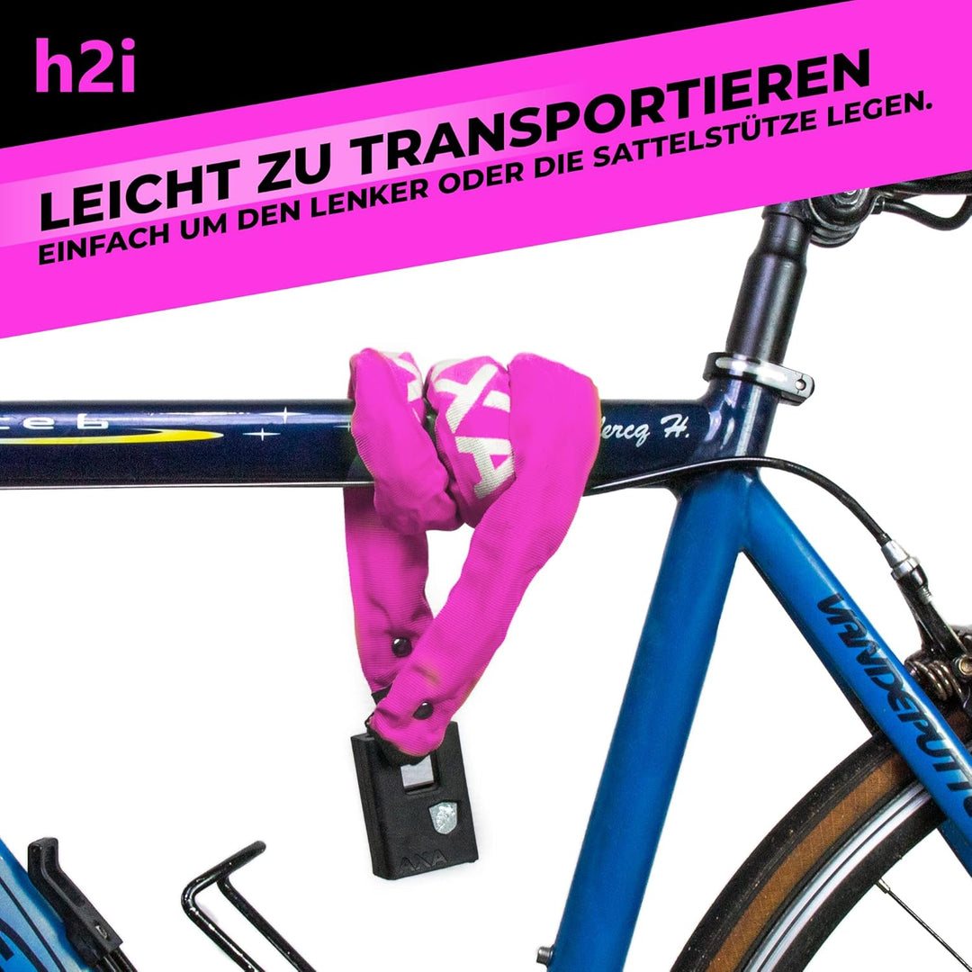 h2i Set aus AXA Kettenschloss Clinch CH85 Plus in Pink und h2i Sticker, Fahrradschloss mit Kette 85c