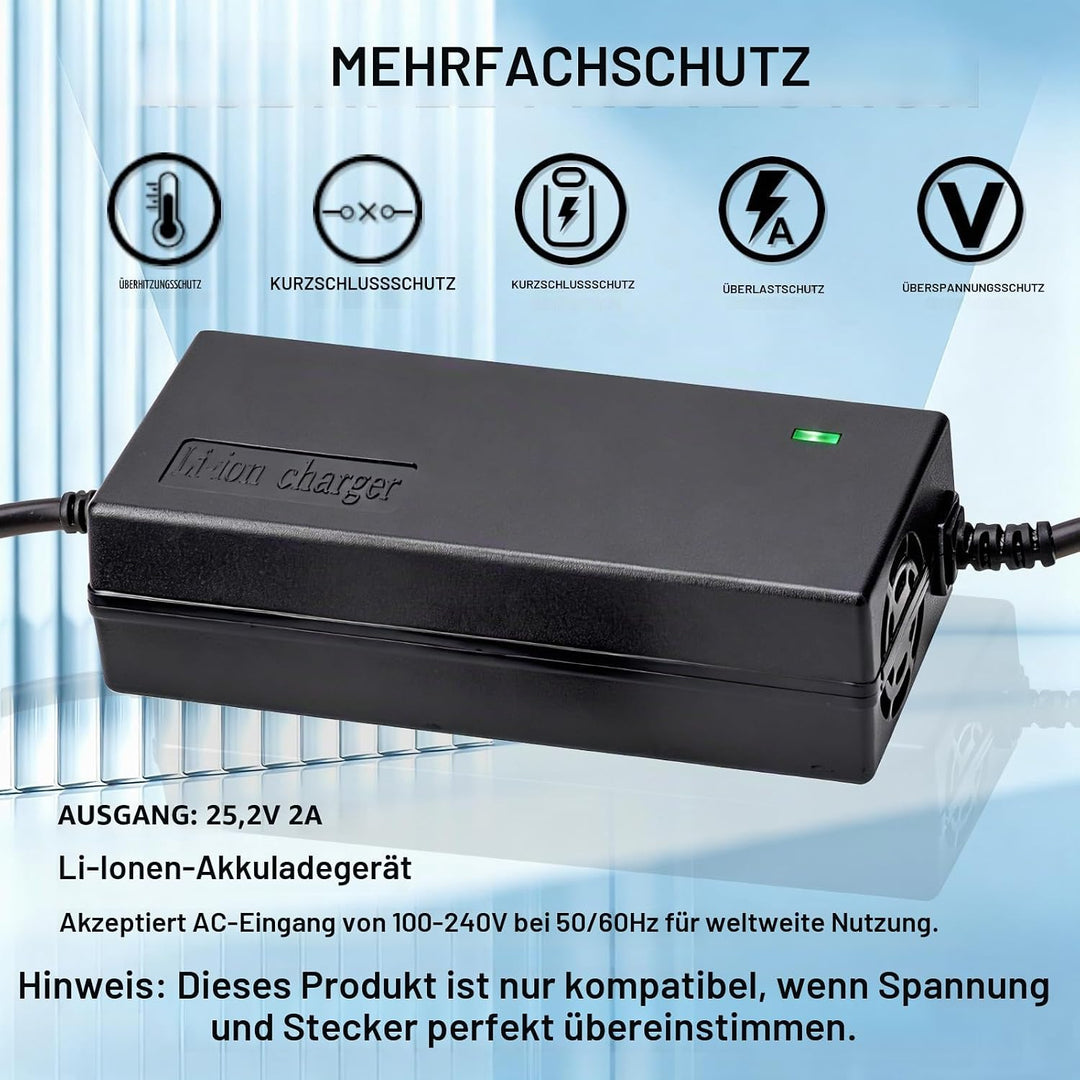 25,2V 2A Elektrofahrrad Scooter E-Bike Batterieladegerät 25,2V Li-Ionen-Batterie 24 V 6S, 25,2V 2A