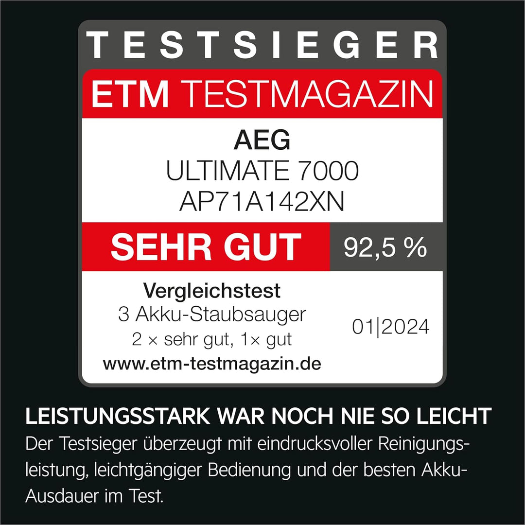 AEG Ultimate 7000 Akku-Staubsauger, ETM TESTSIEGER, Extra Kraftvoll, Ultraleicht 2,2 kg, bis zu 40 M