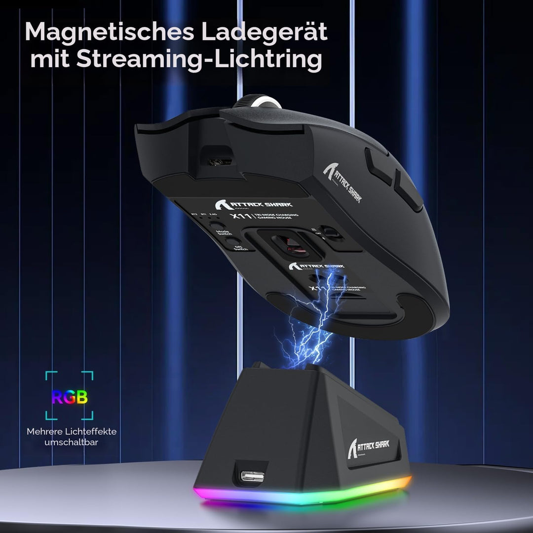 ATTACK SHARK X11 Gaming Mouse mit Magnetic Charging Dock, PixArt PAW3311 Gaming Sensor, BT/2.4G Wire