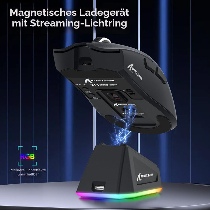 ATTACK SHARK X11 Gaming Mouse mit Magnetic Charging Dock, PixArt PAW3311 Gaming Sensor, BT/2.4G Wire