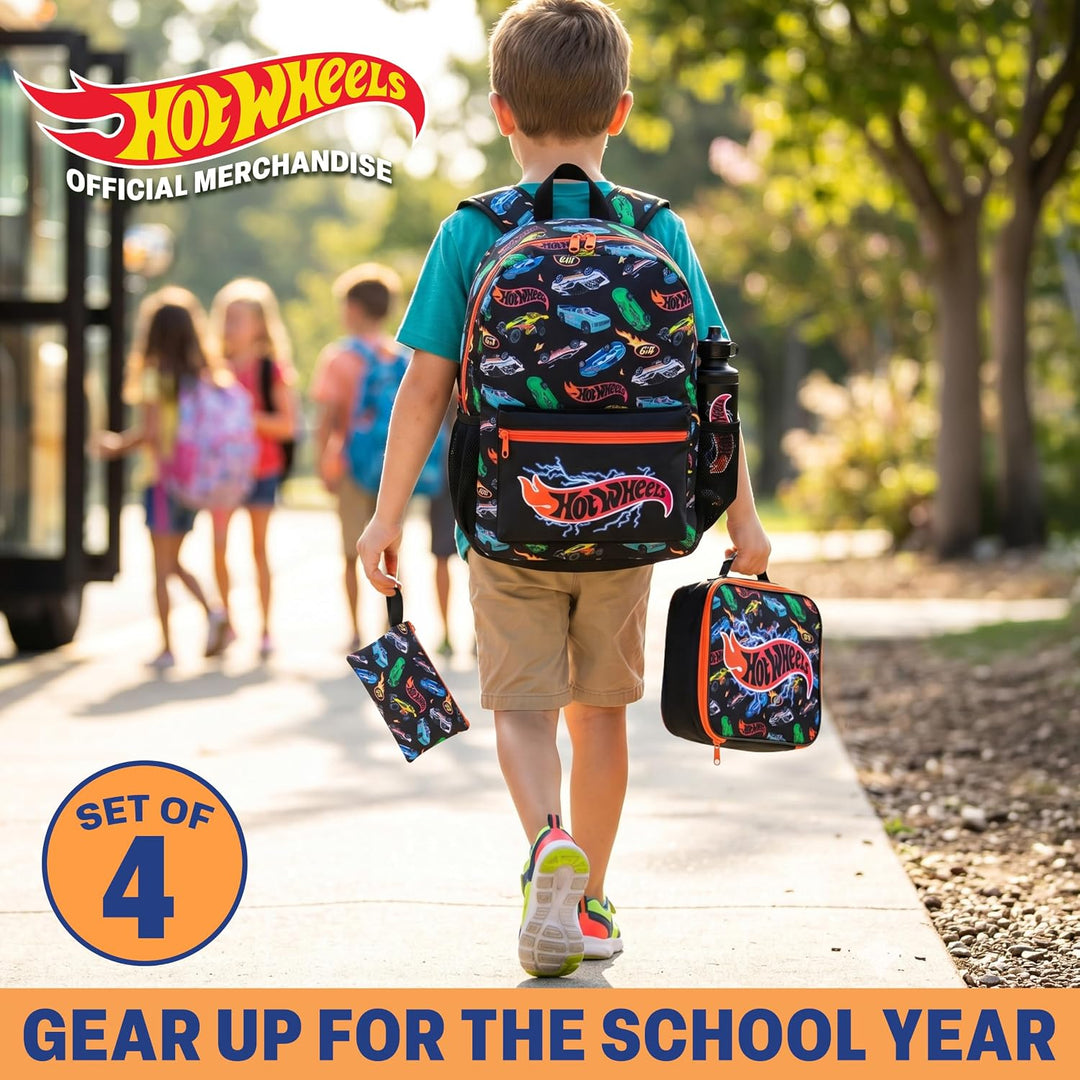 Get Trend Hot Wheels Rucksack Kinder 4er Set, Kinderrucksack mit Federmäppchen, Isolierte Lunchtasch