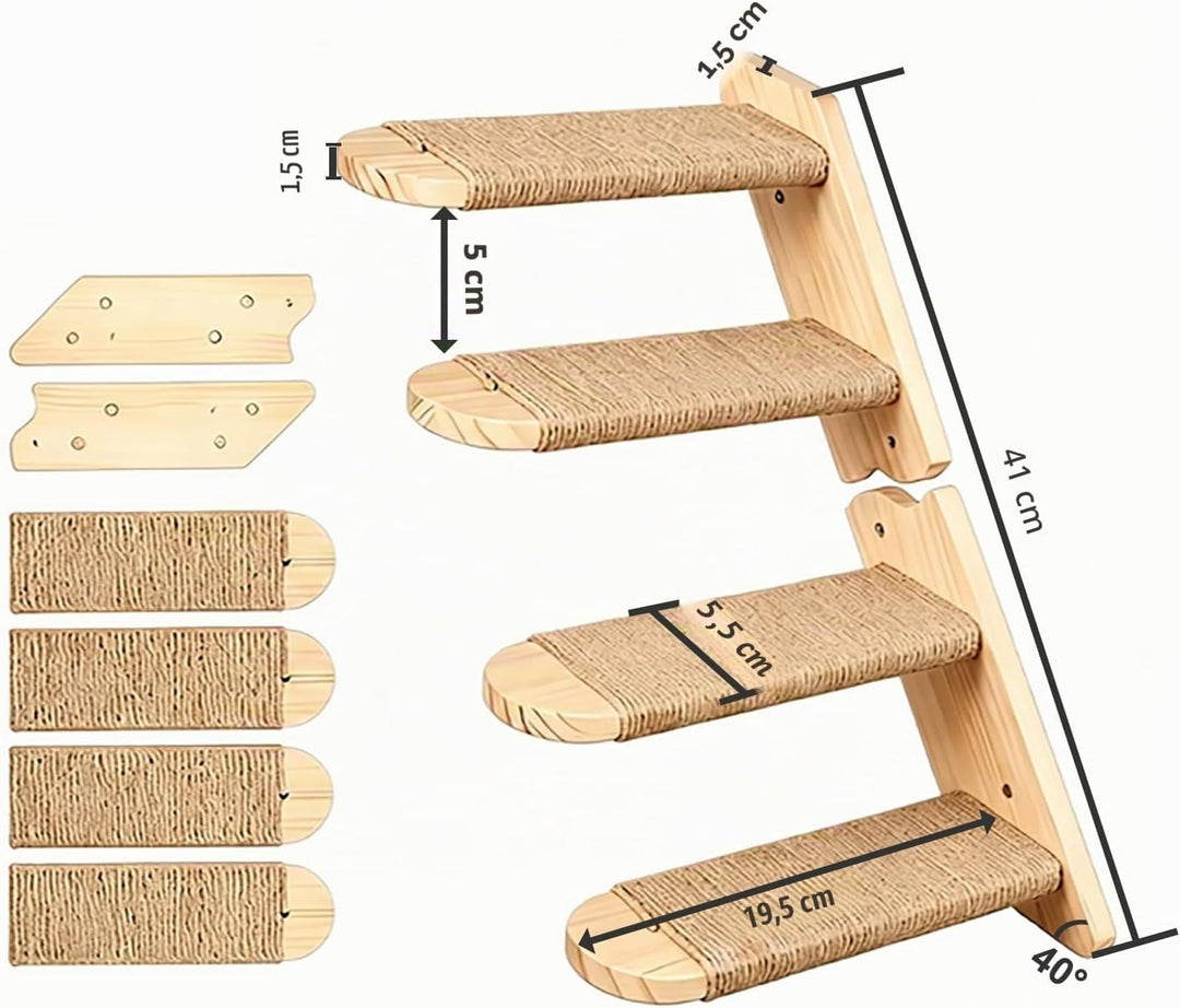 FUSHITON 2-stufige Katzentreppe Wandmontage aus massivem Kiefernholz mit Juteseil, 41 cm Gesamtlänge