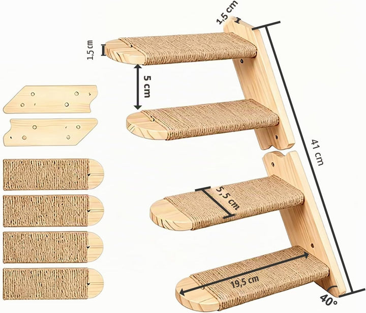 FUSHITON 2-stufige Katzentreppe Wandmontage aus massivem Kiefernholz mit Juteseil, 41 cm Gesamtlänge