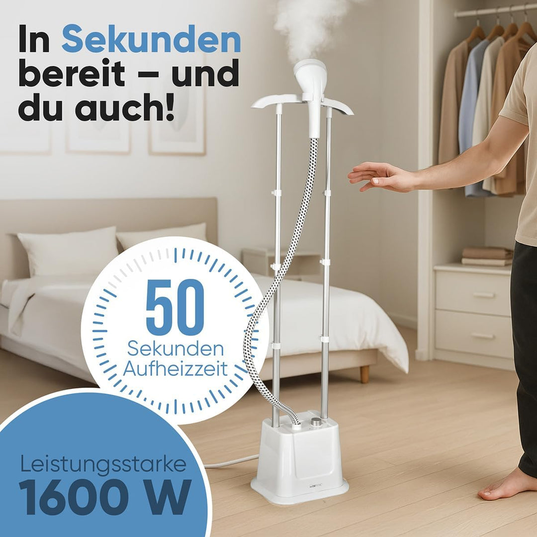 Clatronic® Stand-Dampfglätter | schnell einsatzbereit | Abnehmbarer 1,2 Liter Wassertank | bis zu 60