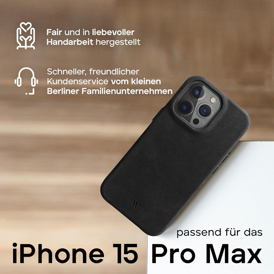 WIIUKA Hülle für iPhone 15 Pro Max, Leder aus Deutschland, Lederhülle extra Dünn, Premium Handyhülle