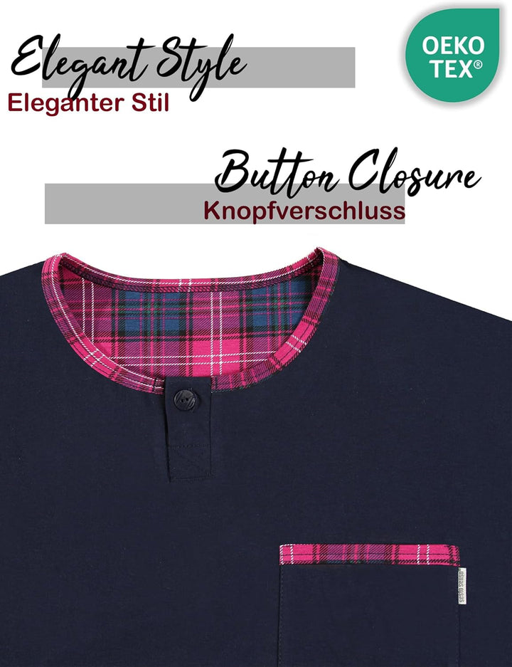 sesto senso Herren Schlafanzug Lang Baumwolle Pyjama Langarm Shirt mit Tasche Pyjamahose Zweiteilig