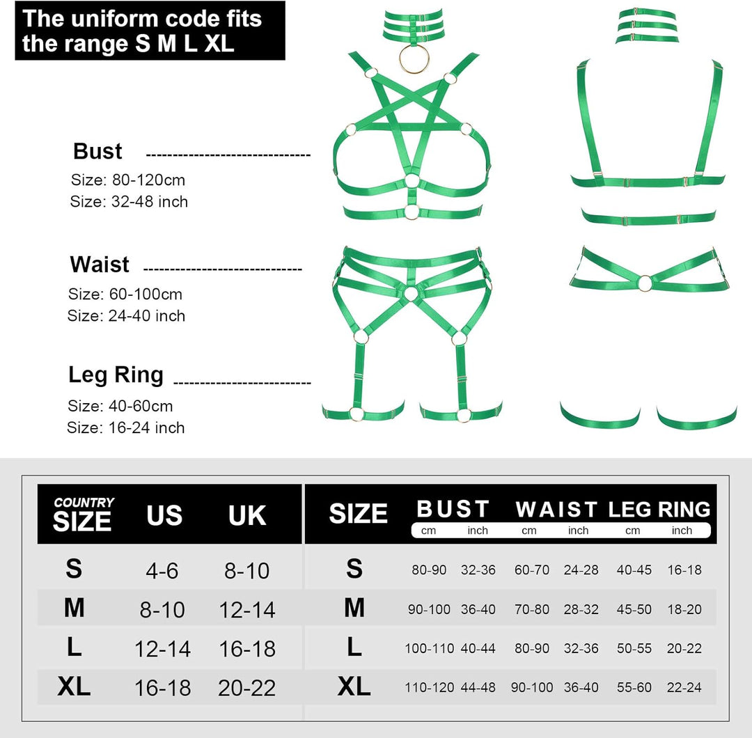 BBOHSS Damen Body Harness Pentagramm BH Set Punk Strumpfband Bein Taille Tanz Elastic Gothic Carniva