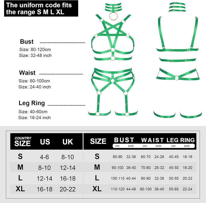 BBOHSS Damen Body Harness Pentagramm BH Set Punk Strumpfband Bein Taille Tanz Elastic Gothic Carniva