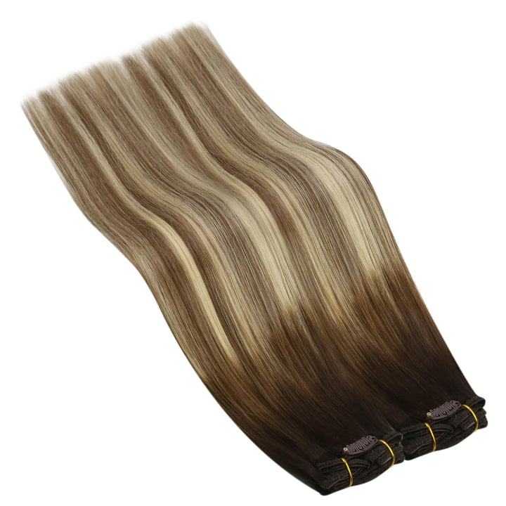 Ugeat 55cm Echthaar Extensions 120 Gramm Clip in Echthaar Tressen Clips Echthaar Dunkel Braun bis Mi
