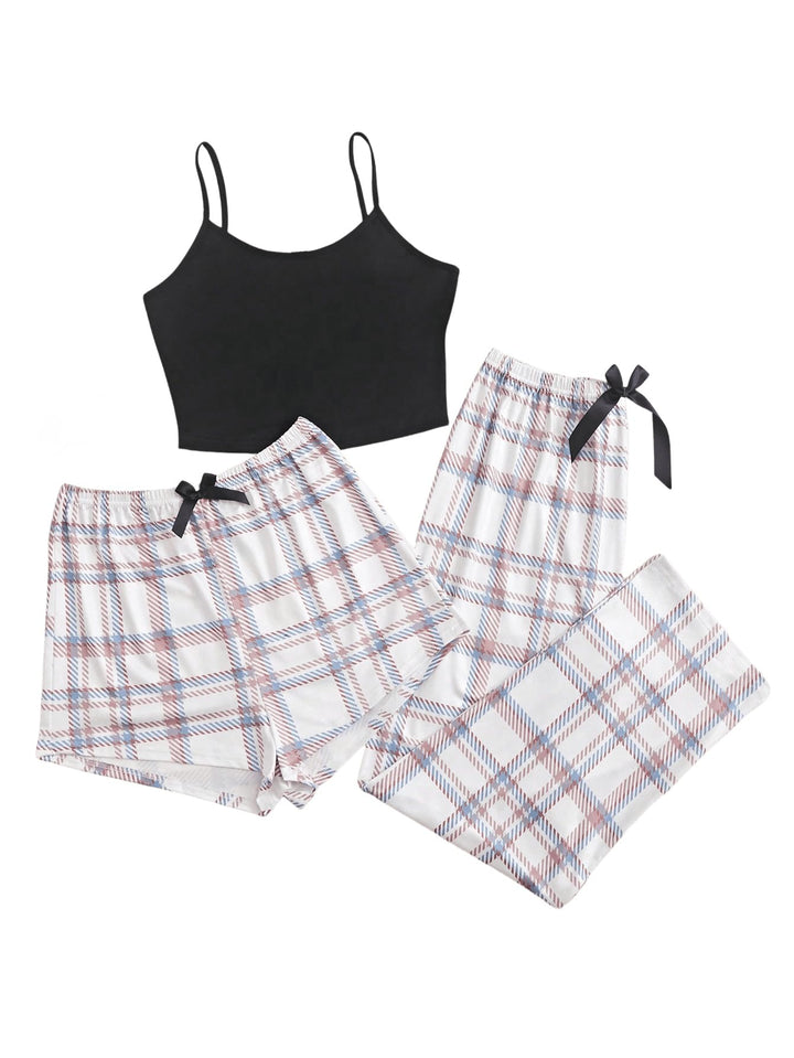 GORGLITTER Damen Schlafanzug 3er Set Cami Schlafanzug Plaid Pajamas Set Nachtwäsche Schlafhose Karie